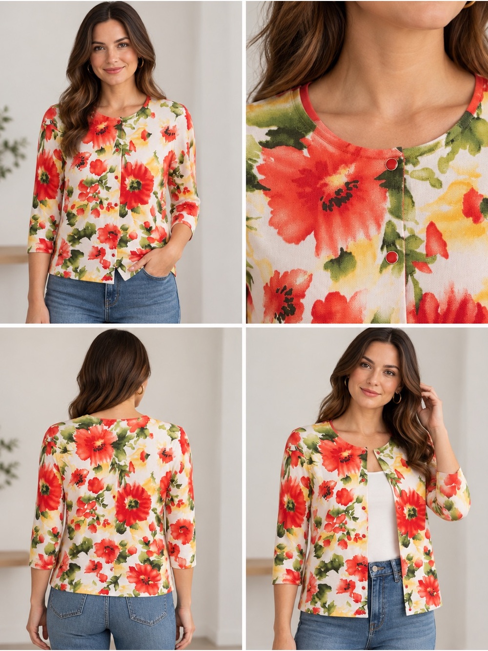 Jones New York Cream Floral Button Cardigan with Red & Green Print